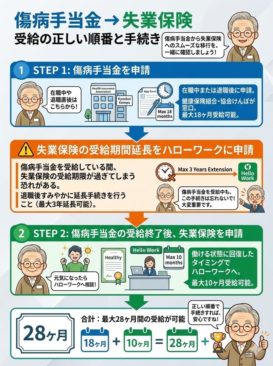 傷病手当金（最大18ヶ月）→ 受給期間延長手続き → 失業保険（最大10ヶ月）の順に申請する流れを示したフローチャート