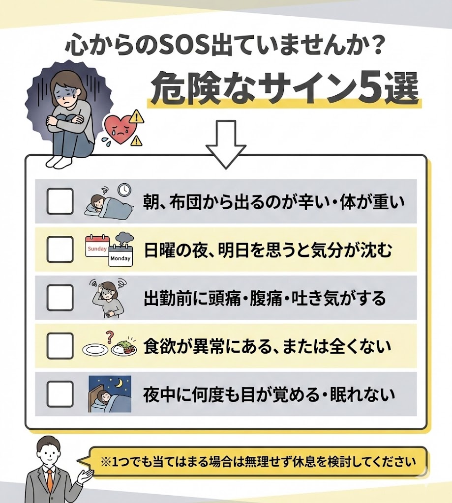 ストレス限界のサイン5選。朝起きられない、出勤前の体調不良、睡眠障害などは心身からのSOSです。