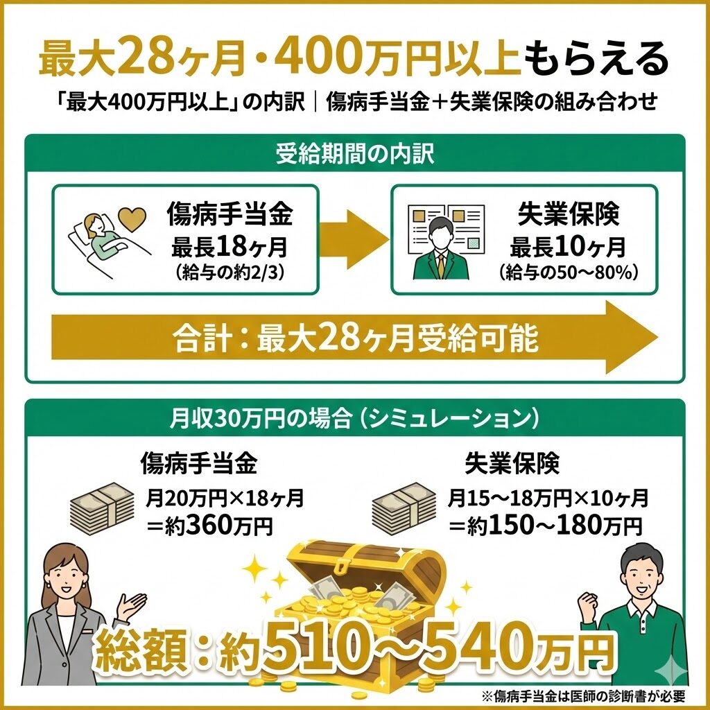 退職後の給付金シミュレーション。傷病手当金と失業保険で最大28ヶ月、月収30万円なら総額400万円以上受給可能。