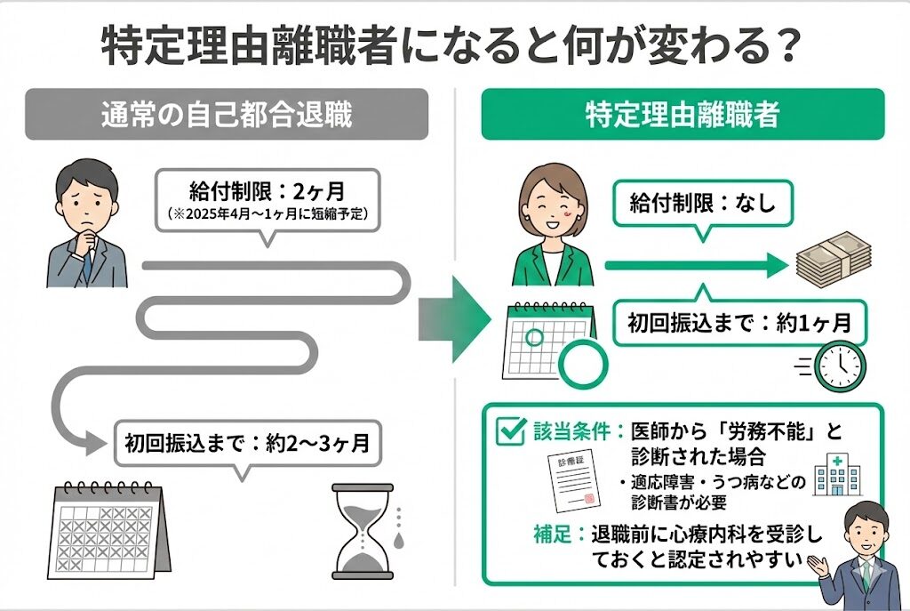 特定理由離職者と通常退職の比較。給付制限なし・初回振込が約2ヶ月早まるメリットを図解で解説。