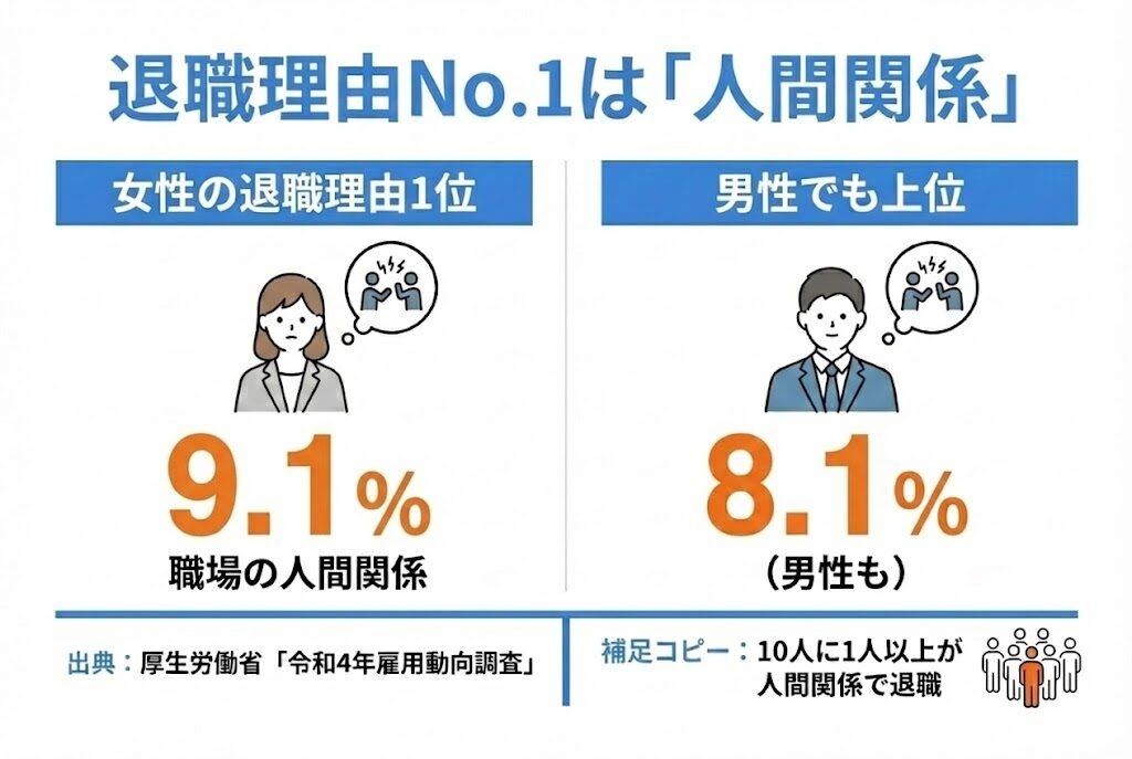 厚労省調査による退職理由データ。人間関係が女性9.1%・男性8.1%で上位を占め、珍しい理由ではないことを示す図解。