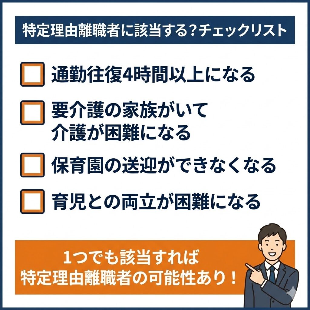 特定理由離職者に該当するかのチェックリスト。通勤4時間以上、介護困難、保育園送迎不可、育児両立困難の4項目。