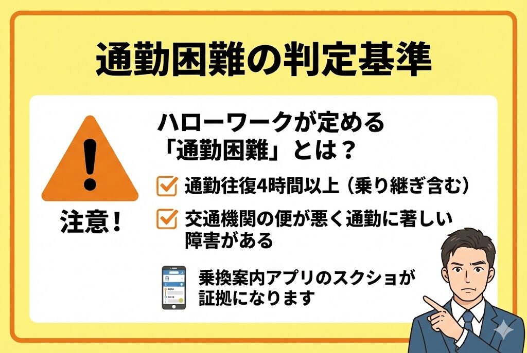 ハローワークが定める通勤困難の基準。往復4時間以上または交通機関の便が悪い場合が該当。