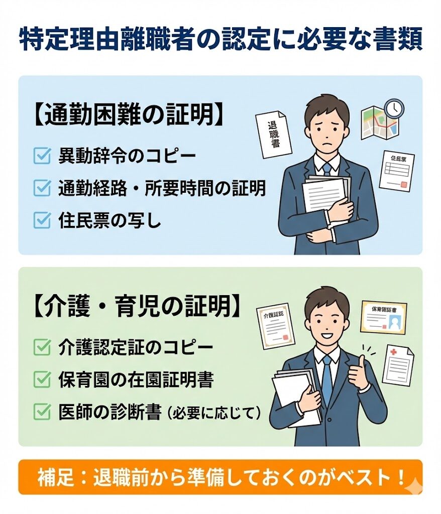 特定理由離職者の認定に必要な書類一覧。通勤困難証明と介護育児証明の2カテゴリ。