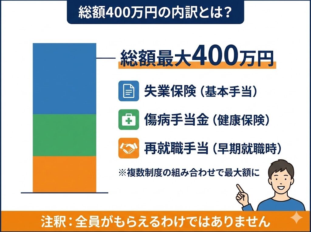 最大400万円の給付金内訳。失業保険、傷病手当金、再就職手当の3つの制度を組み合わせた場合の最大額。