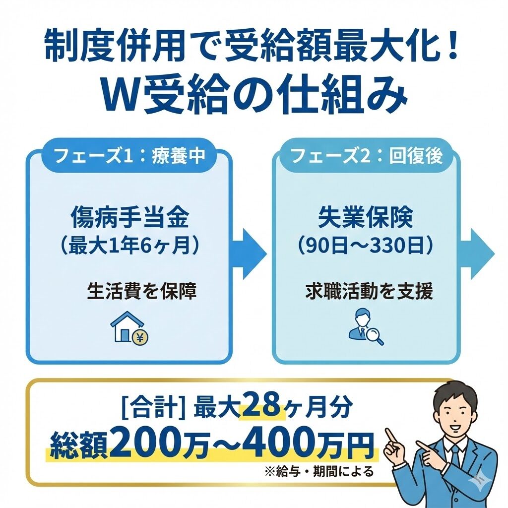 傷病手当金と失業保険を組み合わせる仕組み。療養中は傷病手当金、回復後は失業保険を受け取ることで、最大28ヶ月分の給付が可能。