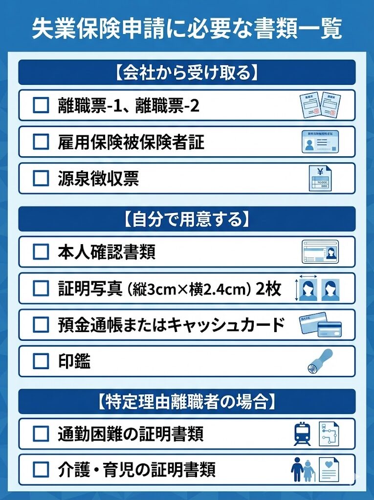 失業保険申請に必要な書類一覧。会社から受け取るもの、自分で用意するもの、特定理由離職者の追加書類を図解。