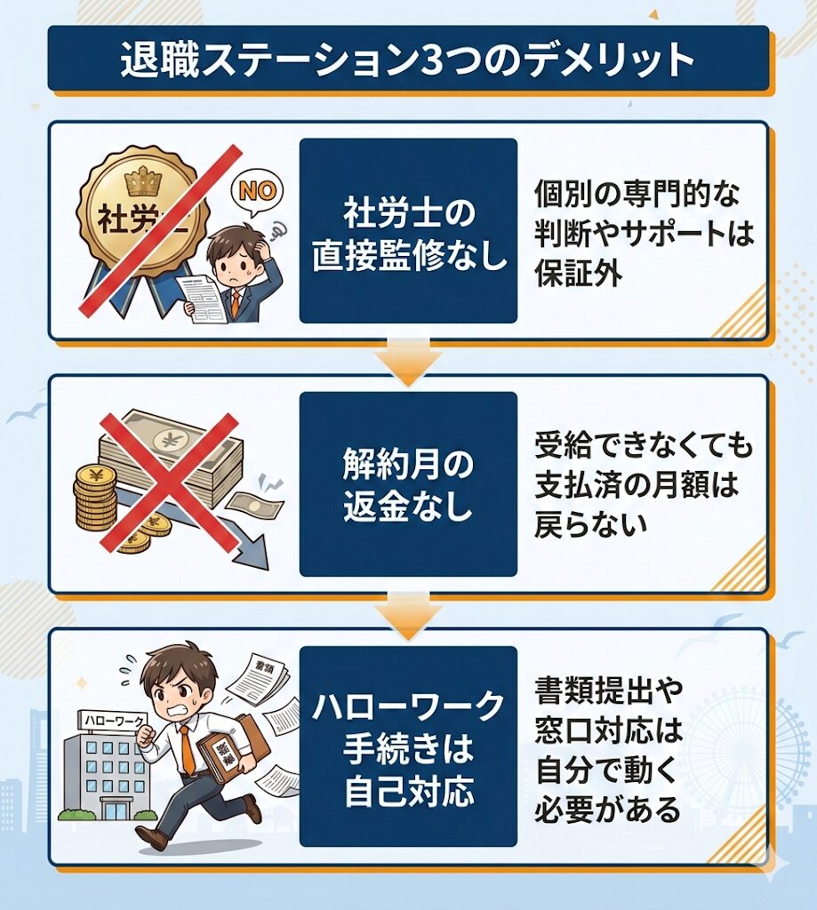退職ステーションの3つのデメリットを図解。社労士の直接監修なし、解約月の返金なし、ハローワーク手続きは自己対応であることを整理。