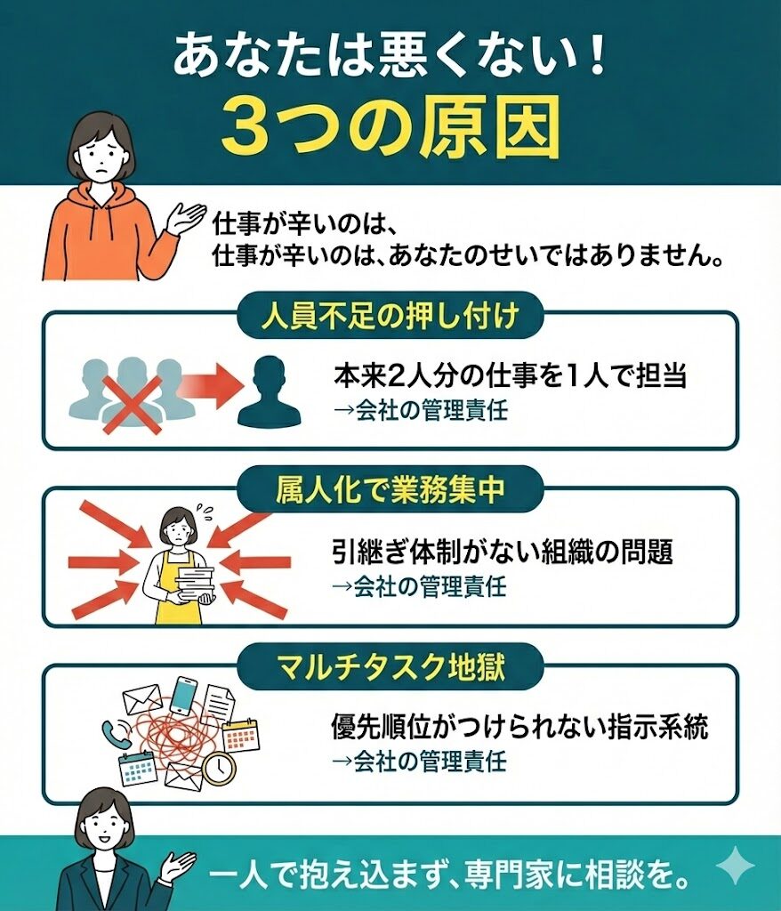 業務過多の3つの構造的原因を図解。人員不足、属人化、マルチタスクはすべて会社の管理責任であり、個人の能力不足ではないことを解説。