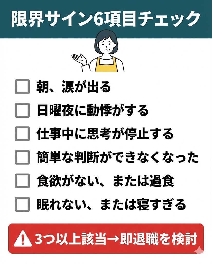 心と体が限界のサインをチェックリスト化。6項目中3つ以上該当する場合は即退職を検討すべき状態であることを示す診断図。