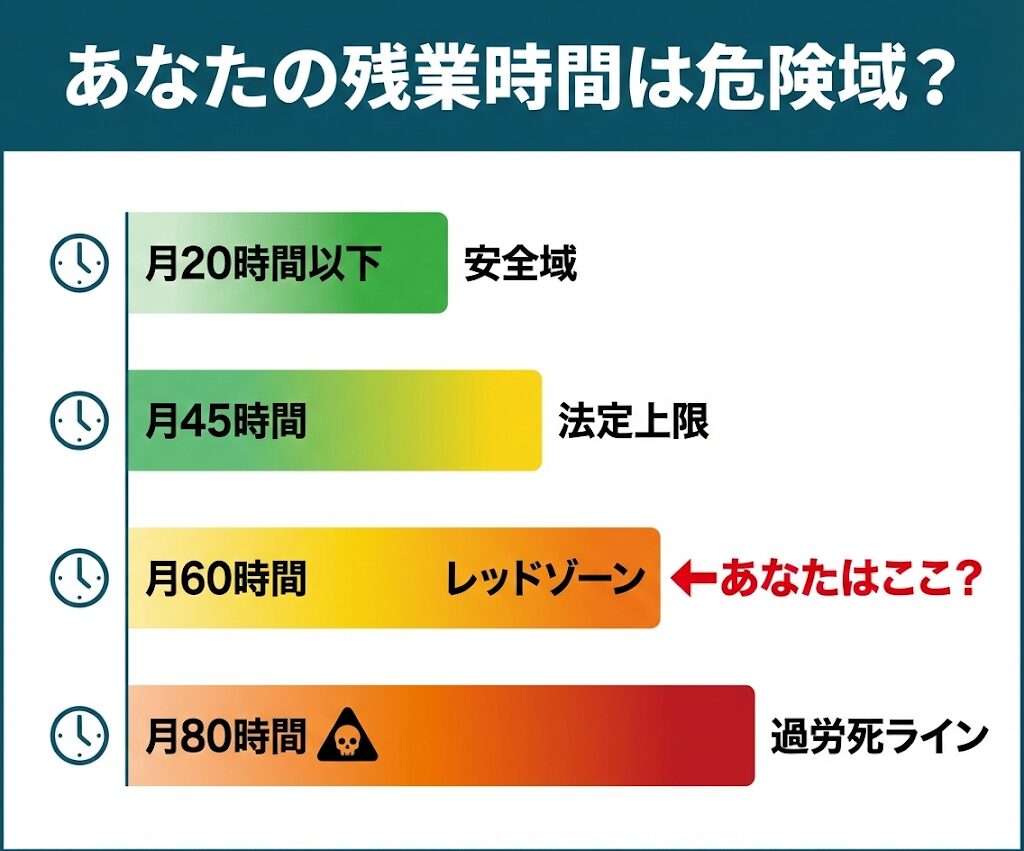 残業時間の危険度を厚生労働省基準と比較。月60時間はレッドゾーンで過労死ライン(月80時間)に近い危険な状態であることを図解。