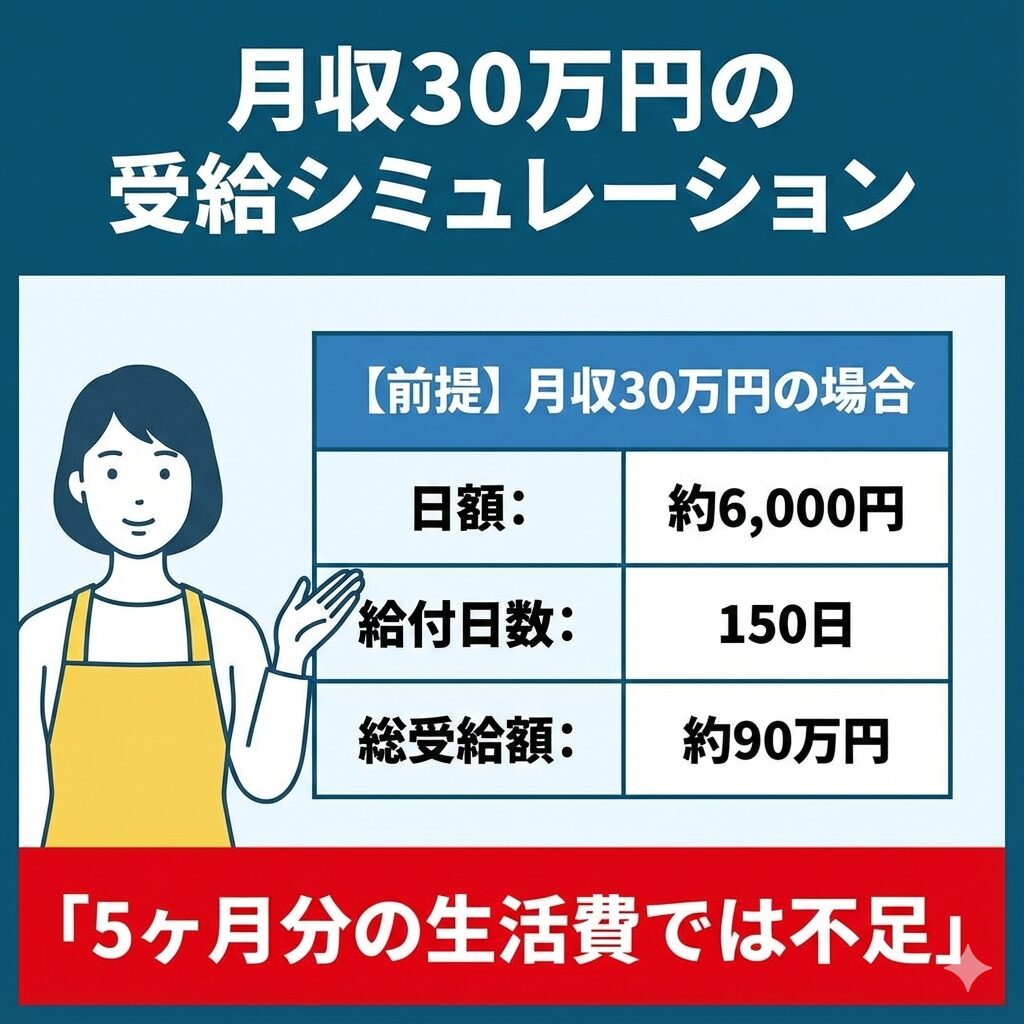 失業保険のみの受給シミュレーション。月収30万円の場合、総額約90万円で5ヶ月分の生活費として不十分であることを示す試算図。