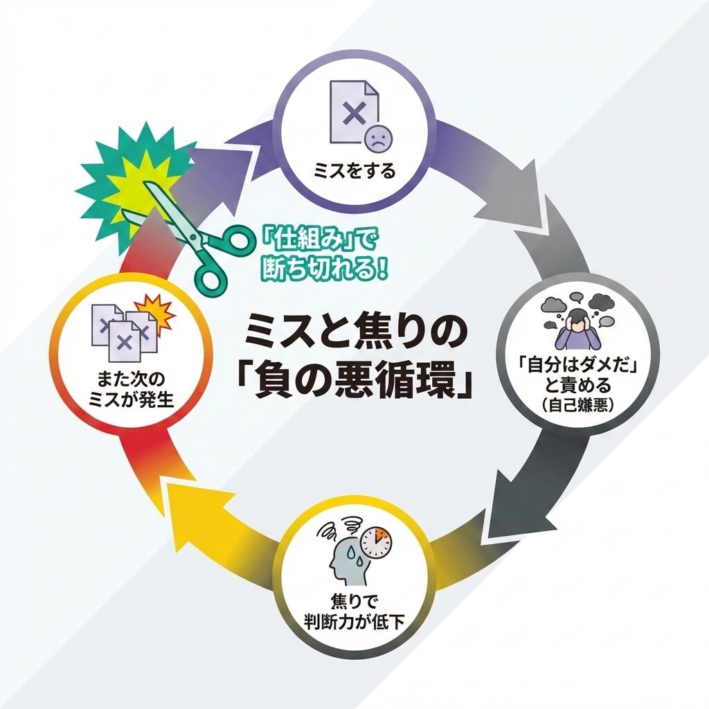 ミスが自己嫌悪を生み、さらに焦りを招いて次のミスにつながる負の悪循環（認知バイアス）の図解。仕組みで断ち切れることを説明。