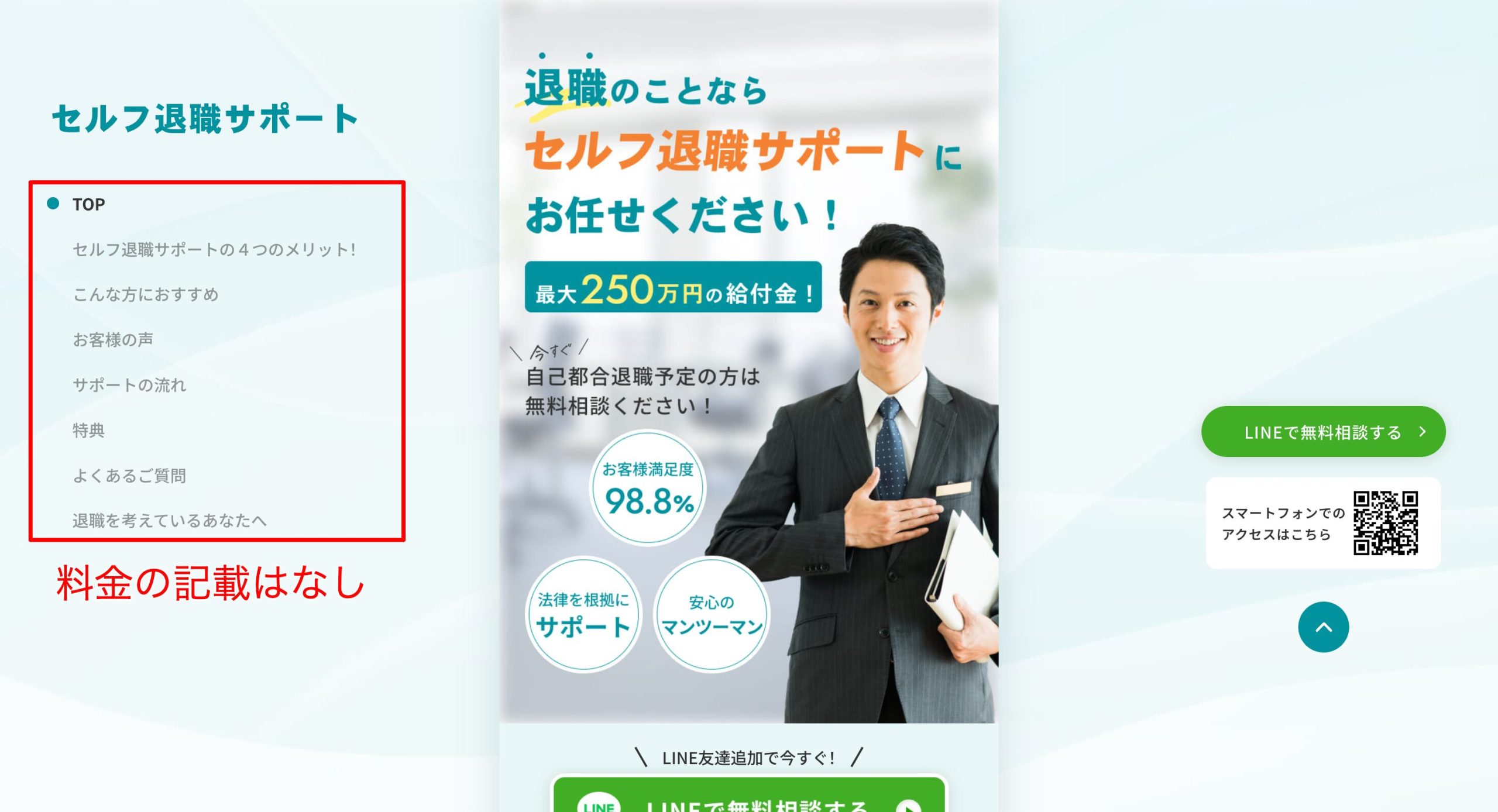セルフ退職サポートの公式サイトの全体を調査したが料金の記載はなし。