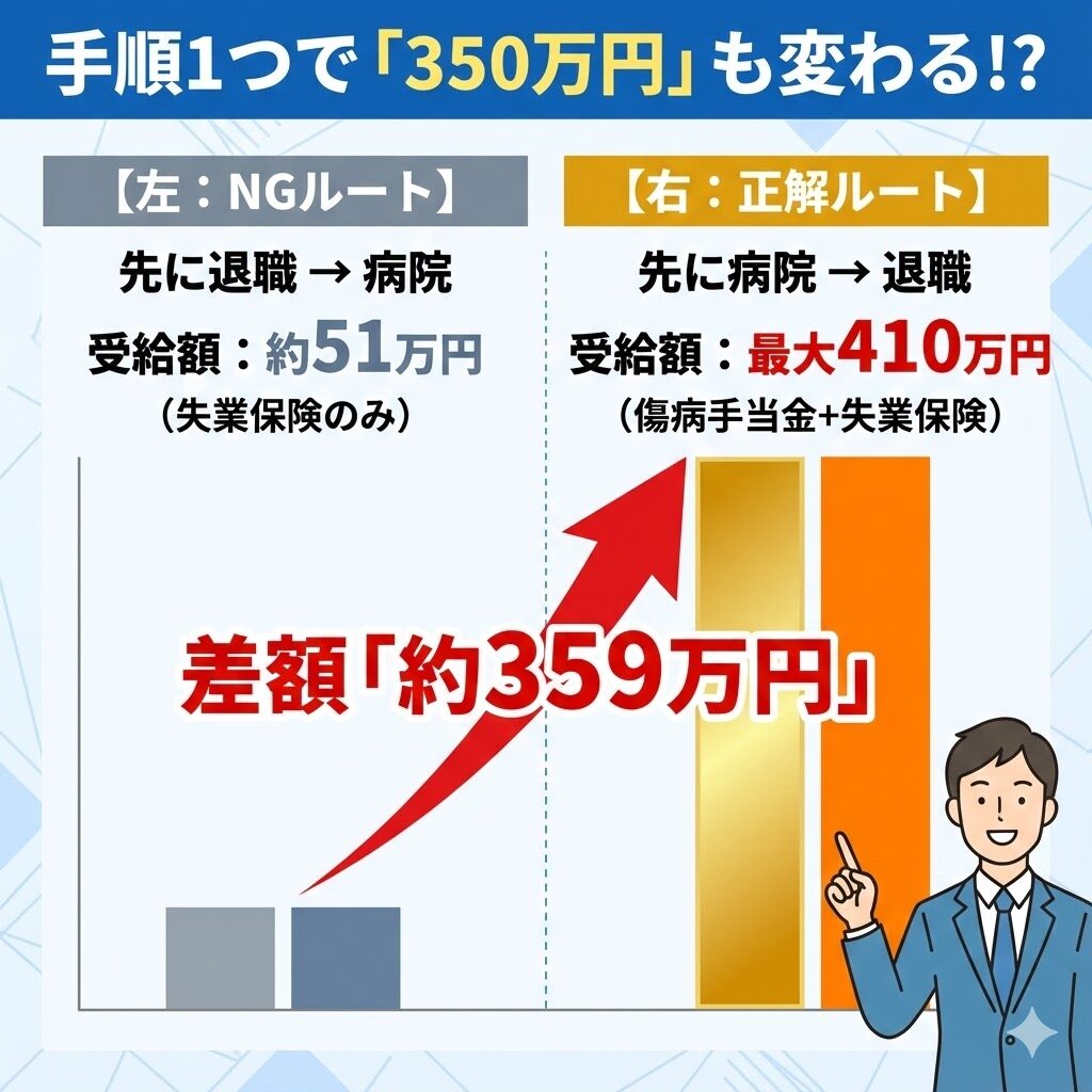退職と病院受診の順番による受給金額の差。先に退職すると約51万円だが、正しい手順なら最大410万円受給できる可能性があるシミュレーション。