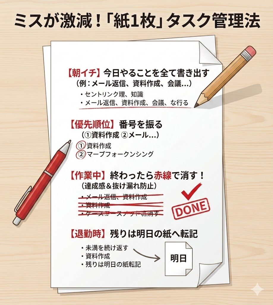 ミスを減らす紙1枚タスク管理法の図解。朝書き出して、終わったら消すだけのシンプルな手順で脳の負担を減らす。