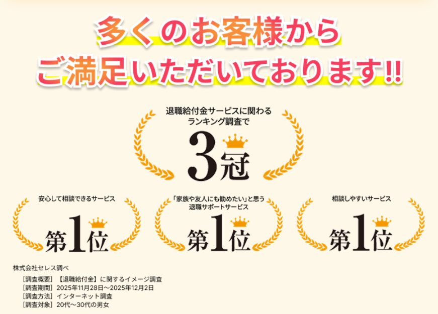 退職スマイル公式サイトに掲載されている根拠不明の3冠受賞アピール画像（2026年3月時点）