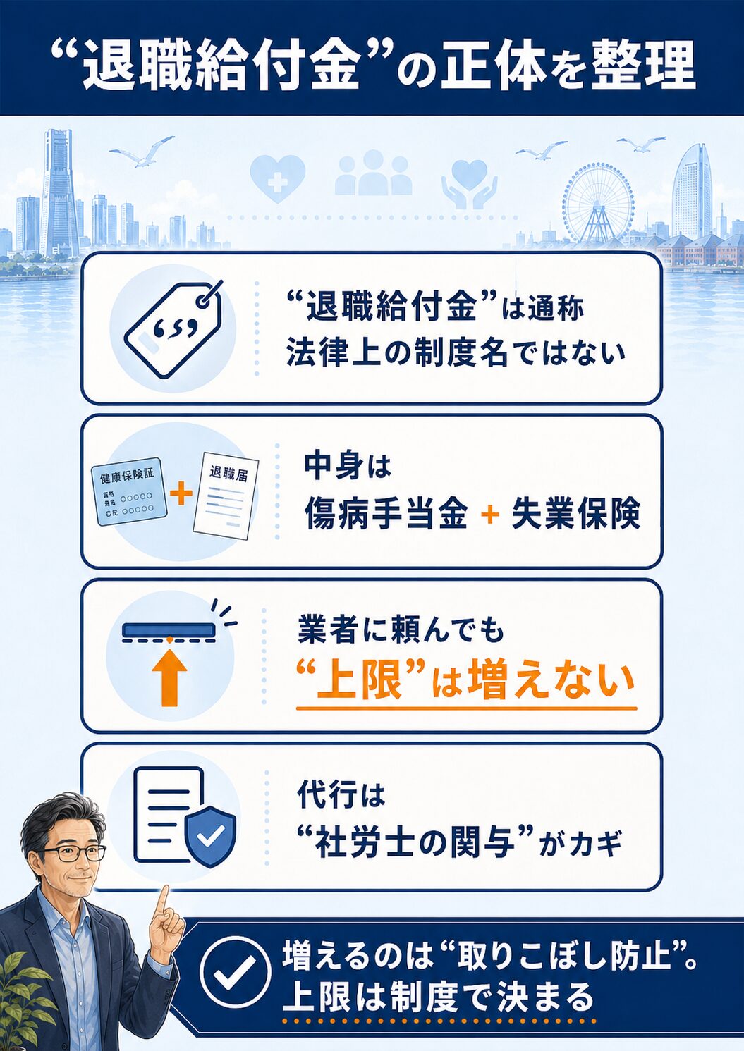 退職給付金は通称で中身は傷病手当金と失業保険、業者でも上限は増えないと整理した図解