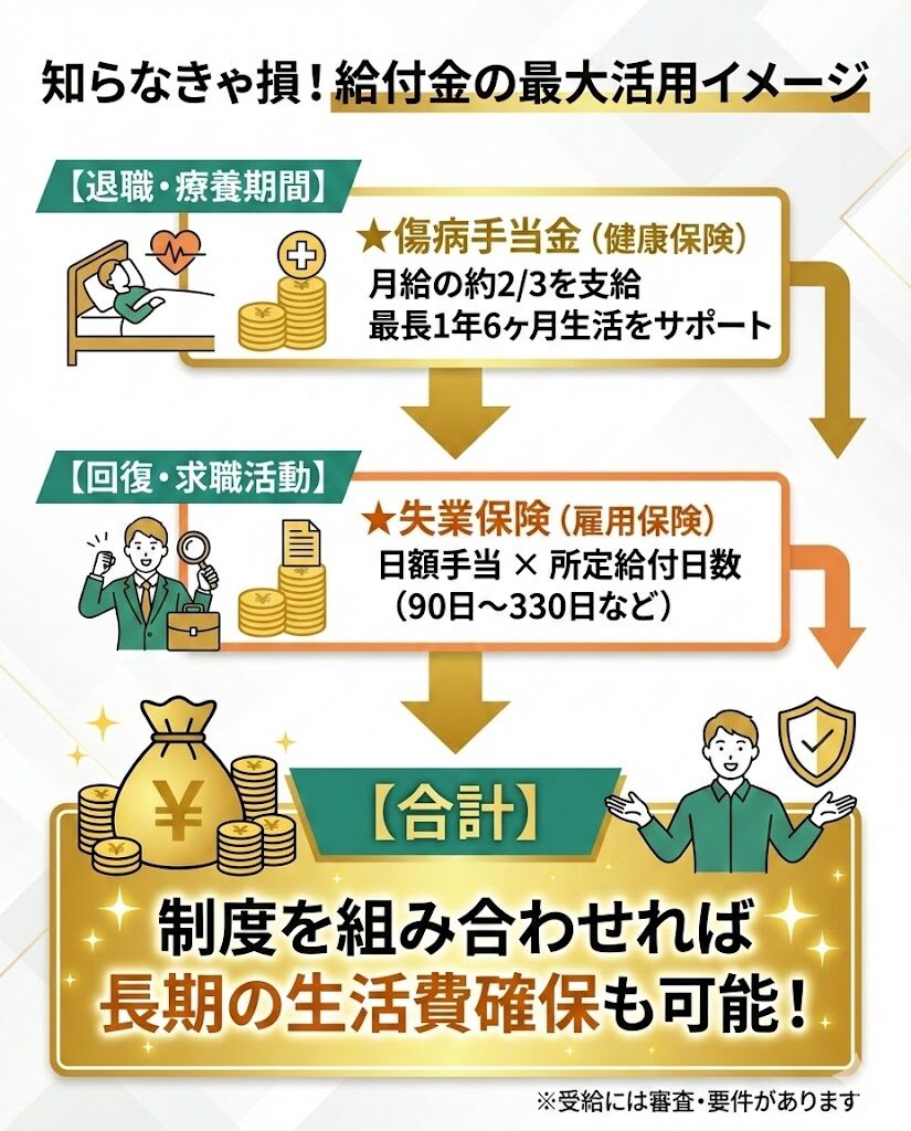 退職後の給付金活用イメージ。傷病手当金と失業保険を順番に受給することで、長期的な生活費を確保できる仕組みを図解。