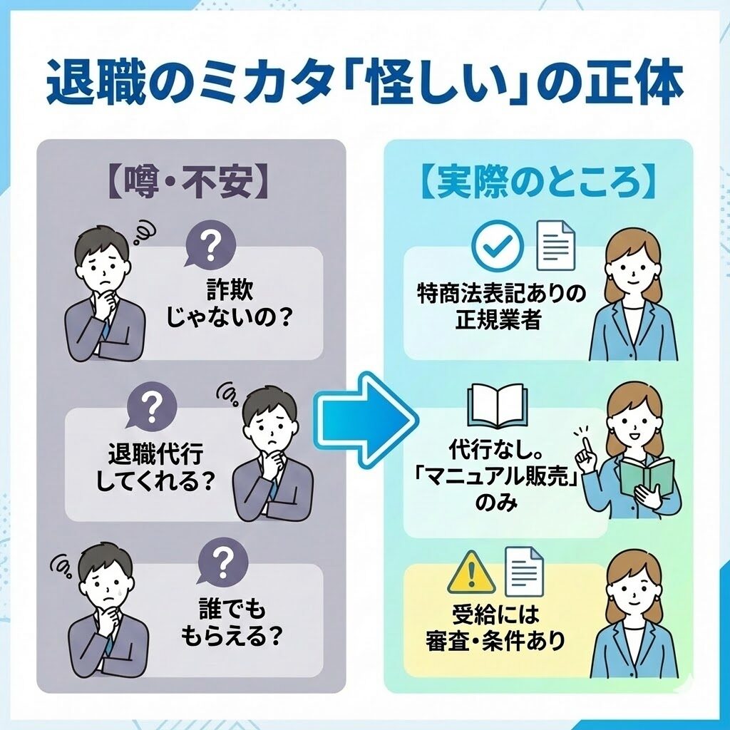 退職のミカタが怪しいと言われる理由と真実。詐欺ではなく正規業者だが、退職代行機能はなくマニュアル販売のみである点を図解。