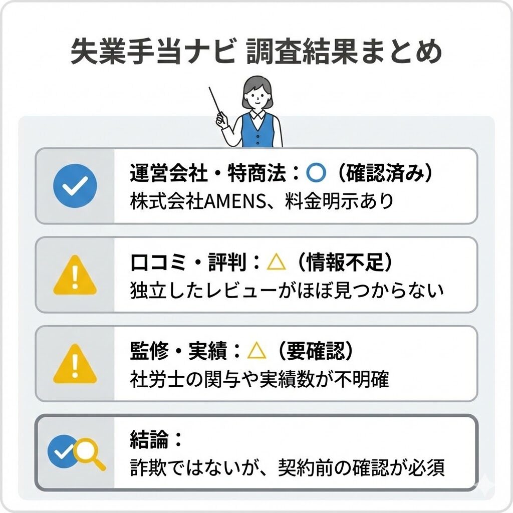 失業手当ナビの調査結果まとめ。運営会社や料金は確認できたが、口コミや監修体制の情報が不足しており、契約前の確認が必要。