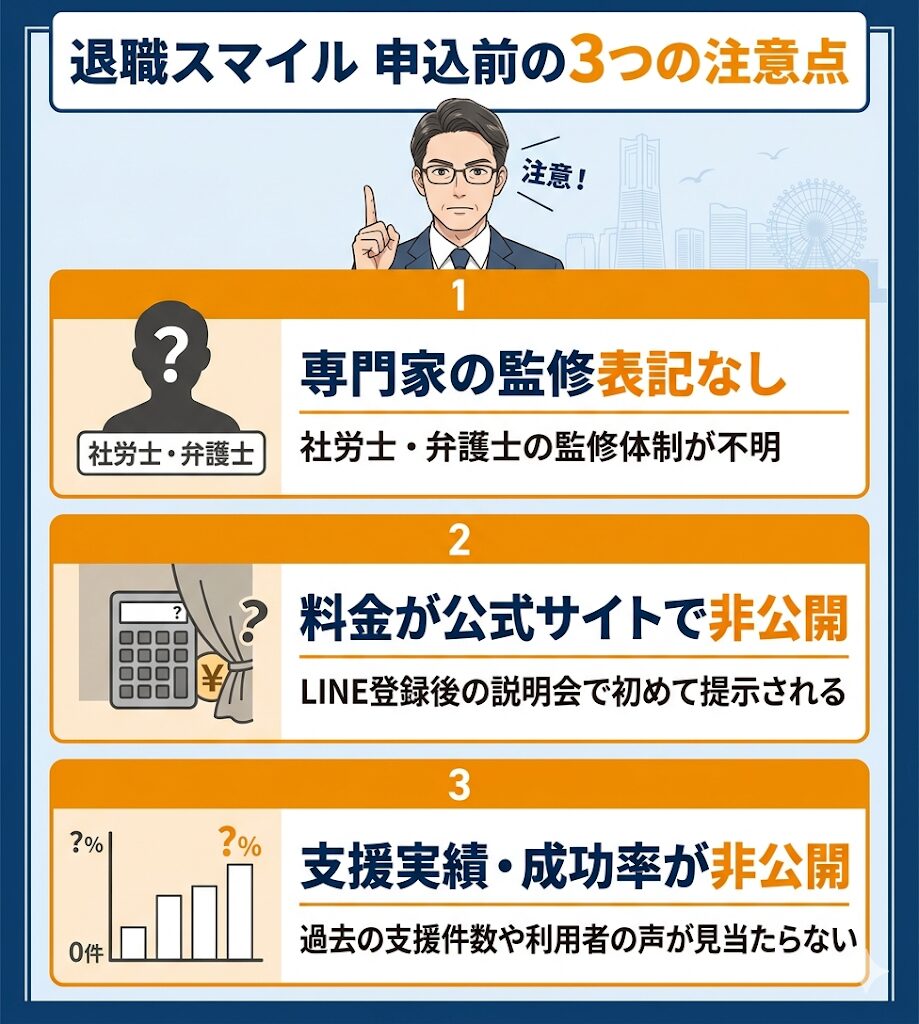 退職スマイルの3つの注意点を図解。専門家監修の記載なし、公式サイトで料金非公開、支援実績が非公開であることを整理