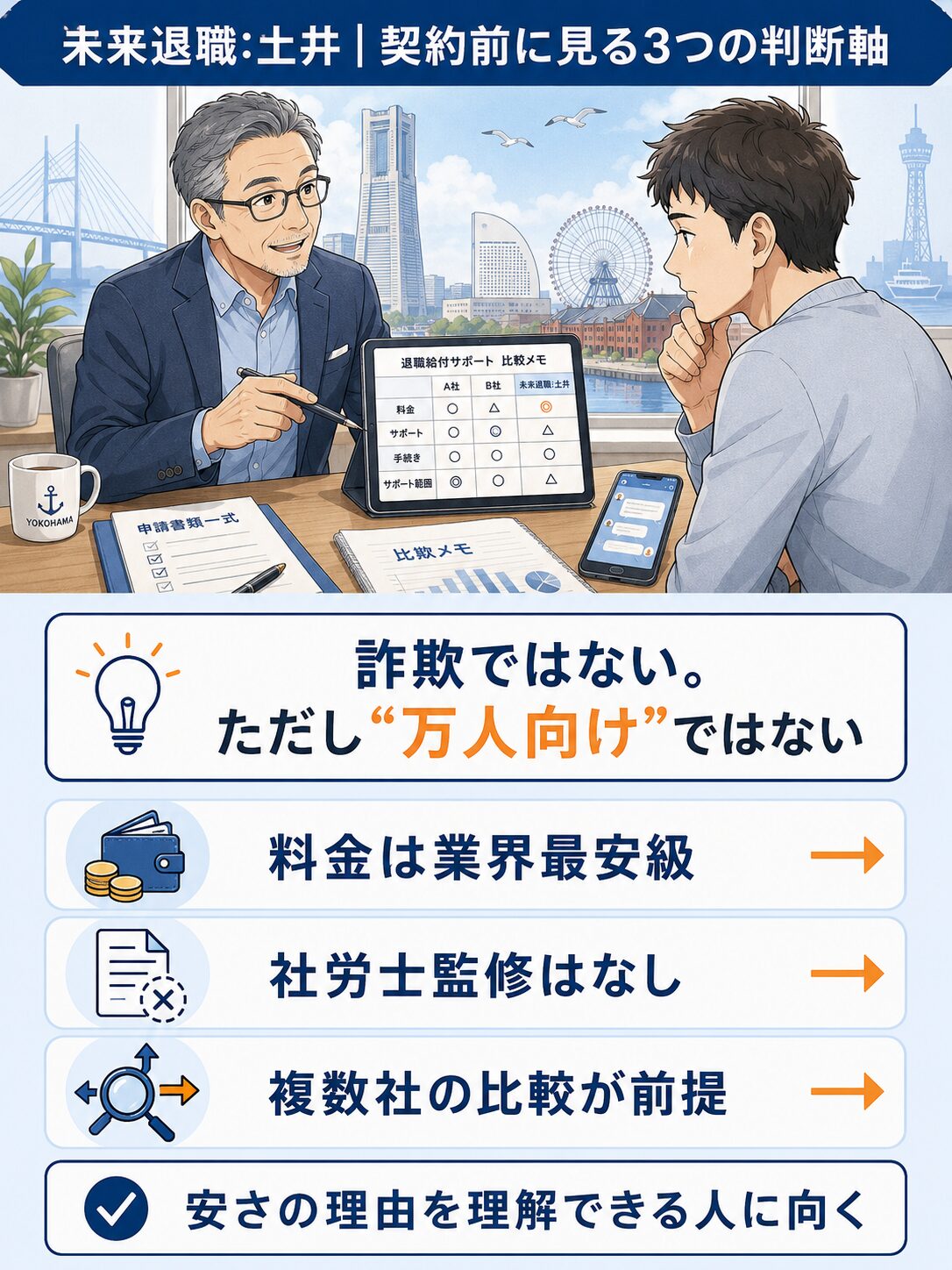 眼鏡の相談員が退職給付金サポートの選び方を読者に説明し、未来退職:土井の料金・監修・比較という3つの判断軸を整理した要点図
