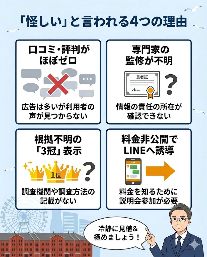 退職スマイルが怪しいと言われる4つの理由を図解。口コミの少なさ、専門家監修の不明瞭さ、根拠不明の3冠表示、料金非公開の構造を整理