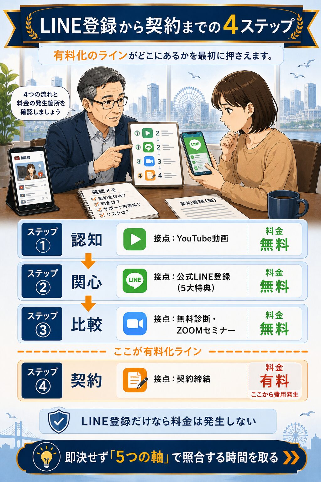 LINE登録から契約までの4ステップと有料化ラインを示す図解（認知→関心→比較→契約）