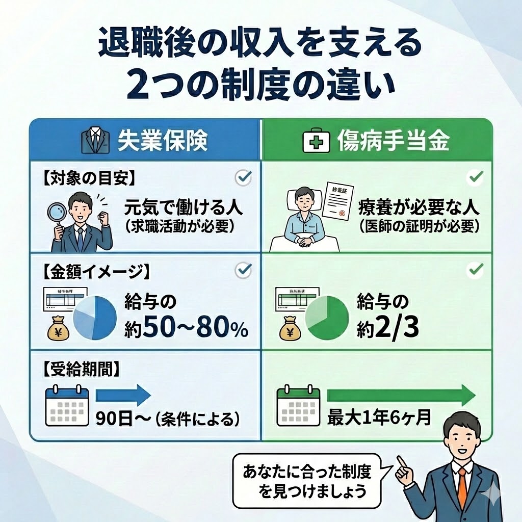 失業保険(基本手当)と傷病手当金の比較表。対象者、金額目安、受給期間の違いを解説。