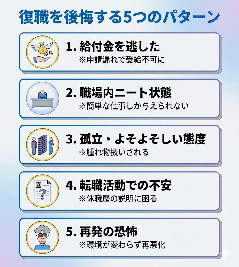 復職を後悔する5つの理由まとめ。給付金の申請漏れ、社内ニート化、孤立、転職への不安、再発リスクなどを図解