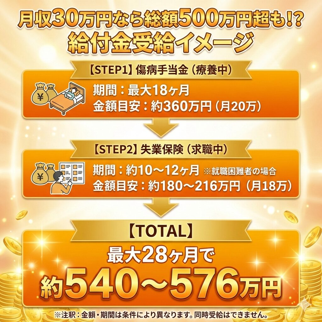 月収30万円の人の給付金受給シミュレーション。傷病手当金と失業保険を組み合わせて最大28ヶ月、総額500万円以上を受給できる可能性を図解。