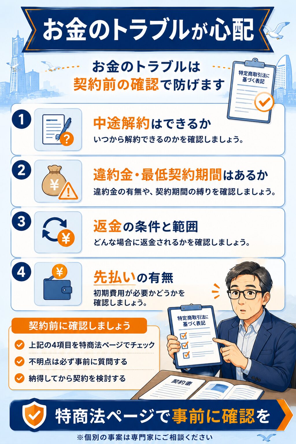 解約・違約金・返金・先払いなど契約前に特商法ページで確認したい項目のチェック図解