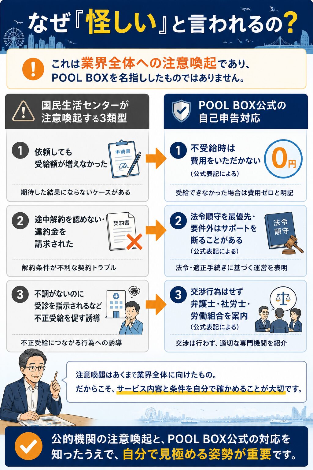 国民生活センターが注意喚起する3トラブル類型と、POOL BOX公式の自己申告対応を左右で両論併記し、業界全体への注意喚起だと示した図解