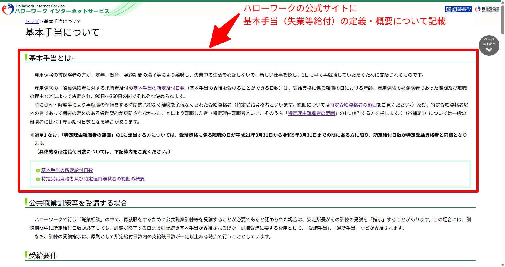 退職給付金は造語であり、正式には雇用保険の失業等給付（基本手当）であることを示すハローワークインターネットサービスの基本手当の公式説明