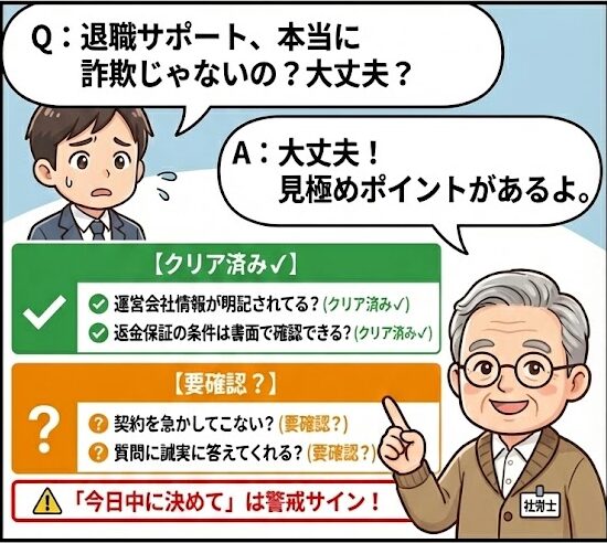 退職リトリートの信頼性チェックリスト4項目。運営情報と返金条件は確認済み、対応姿勢は面談で要確認