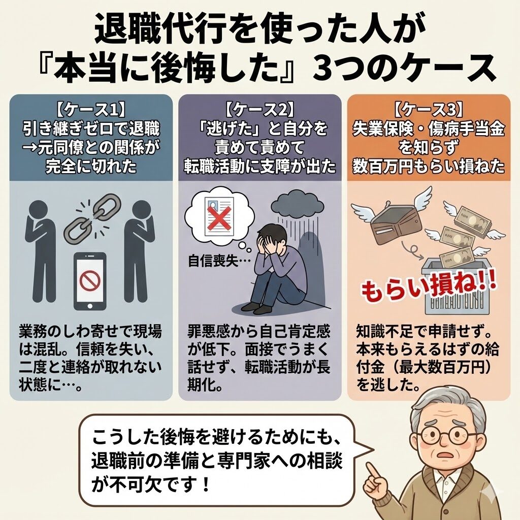 退職代行を使った人が「本当に後悔した」3つのケース
引き継ぎゼロで退職→元同僚との関係が完全に切れた
「逃げた」と自分を責めて転職活動に支障が出た
失業保険・傷病手当金を知らず数百万円もらい損ねた