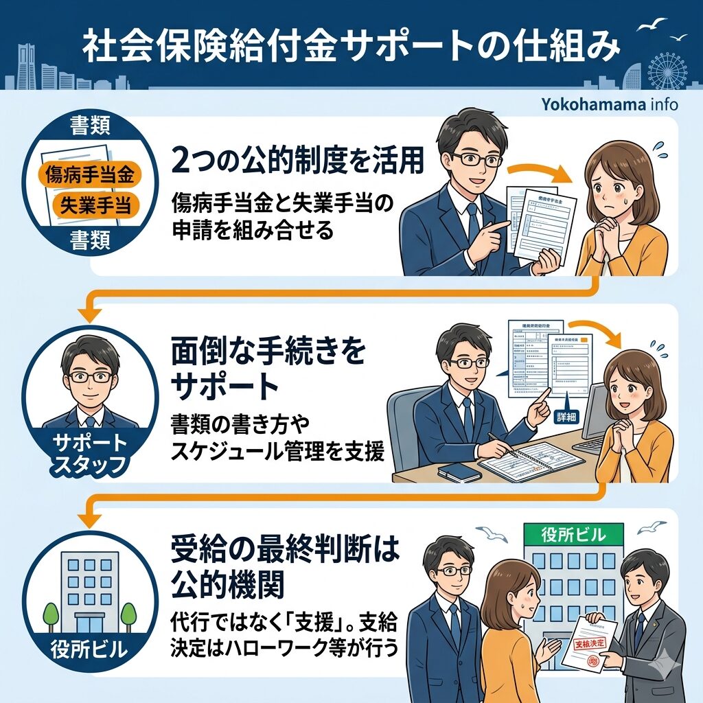 社会保険給付金サポートの仕組みを図解。傷病手当金と失業手当の組み合わせ、手続き支援、受給判断は公的機関が行うことを説明