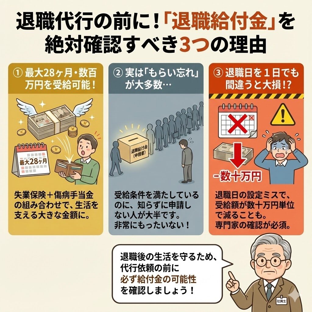 退職代行を使う前に「退職給付金」を確認すべき理由
失業保険+傷病手当金で最大28ヶ月・数百万円を受給できる
受給条件を満たしているのに申請しない人が大半
退職日を間違えると受給額が数十万円減る