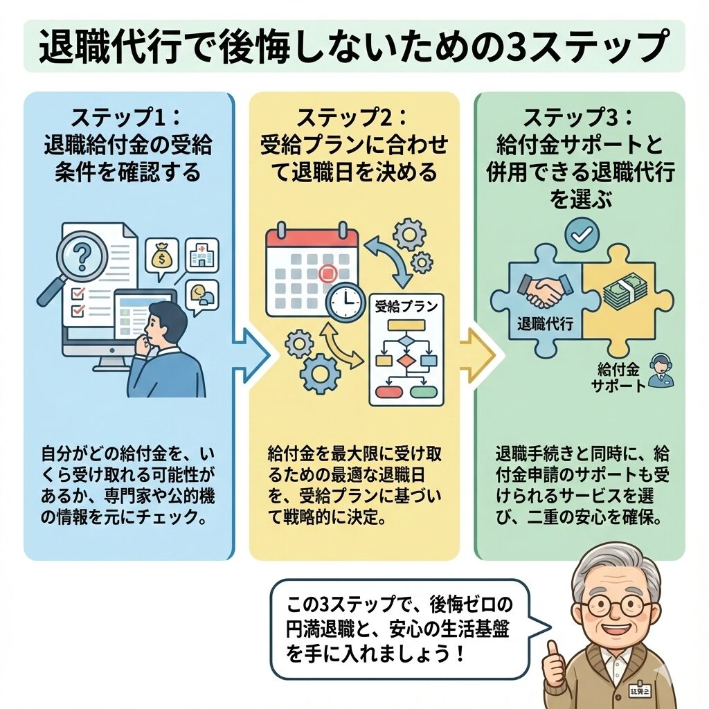 退職代行で後悔しないための3ステップ
ステップ1:退職給付金の受給条件を確認する
ステップ2:受給プランに合わせて退職日を決める
ステップ3:給付金サポートと併用できる退職代行を選ぶ