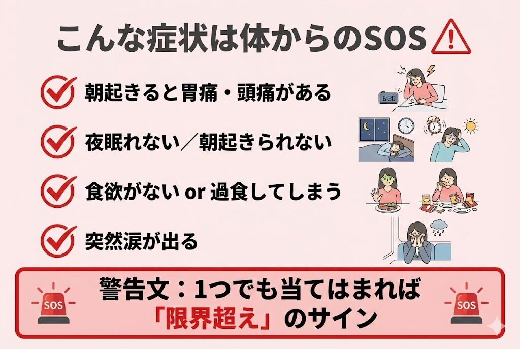 退職を検討すべき身体症状チェックリスト。胃痛・不眠・涙などの症状は限界のサインであることを警告する図解。