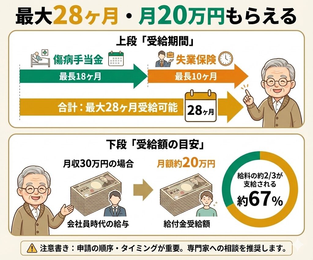 退職後の給付金シミュレーション。傷病手当金と失業保険を合わせて最大28ヶ月、月収30万円なら月20万円受給可能。