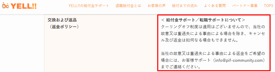 YELL!!の解約・返金条件に関する記載（特定商取引法ページ）