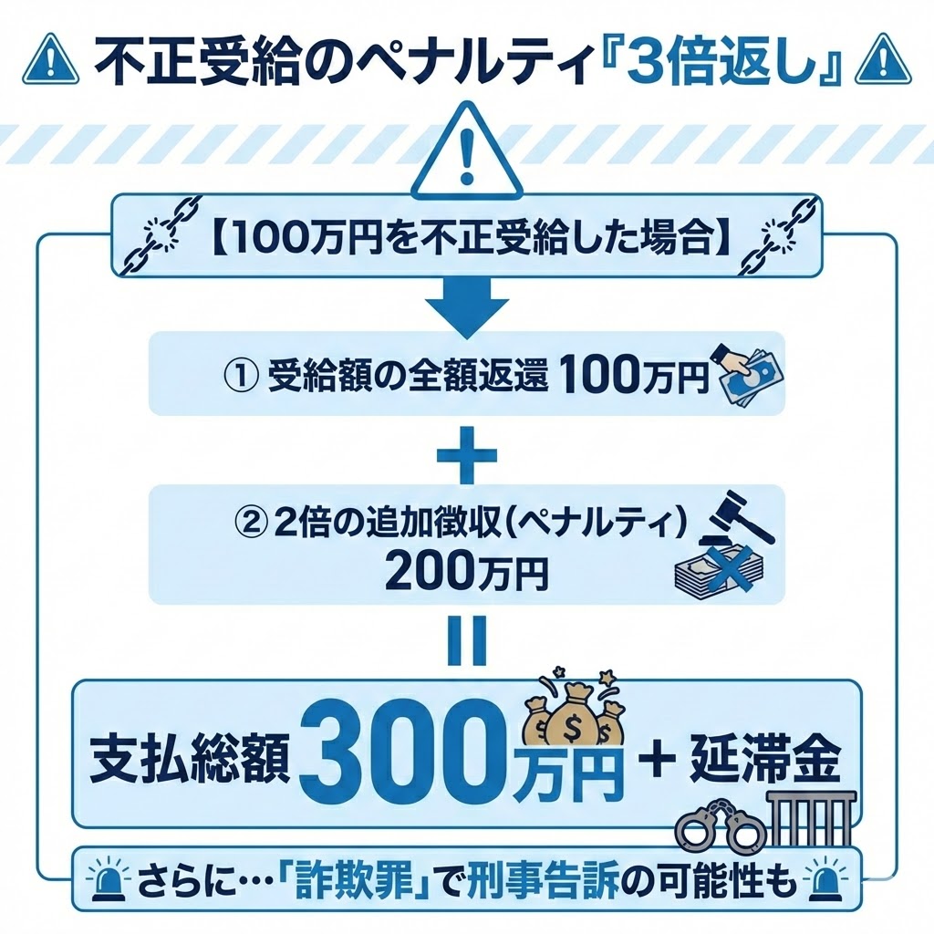 不正受給が発覚した場合のリスク。全額返還に加え2倍の納付命令があり、受給額の3倍を支払うことになる