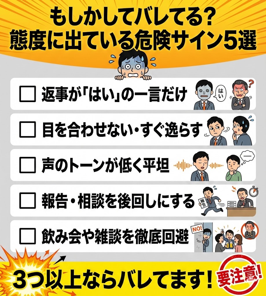 上司に嫌いな感情がバレているサインのチェックリスト。返事が短い、目を合わせないなど5つの危険信号を紹介。