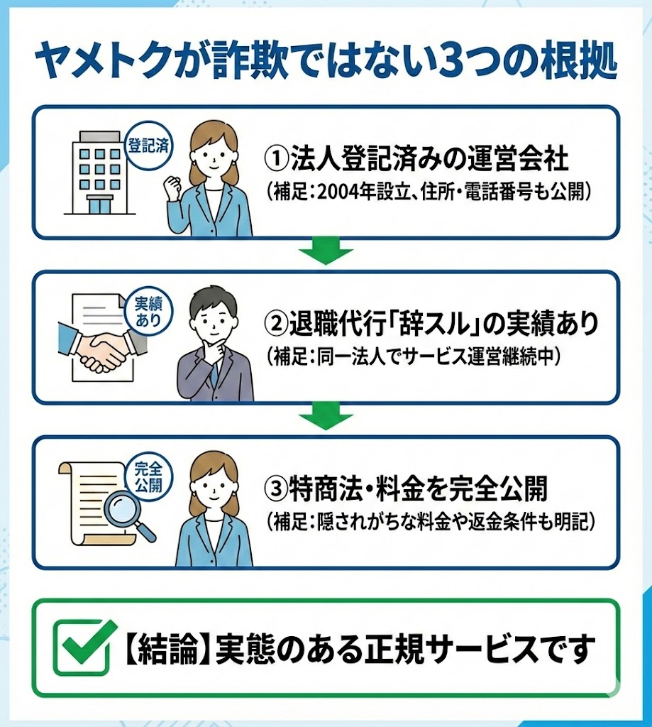 ヤメトクが詐欺ではない3つの根拠。法人登記済みの運営会社、退職代行の実績、特商法・料金の公開により、正規サービスであることを図解。