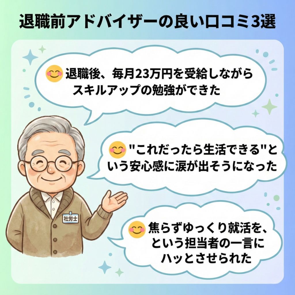 退職前アドバイザーの良い口コミ3選。月23万円受給でスキルアップできた・生活できる安心感・焦らず就活できたという声を紹介