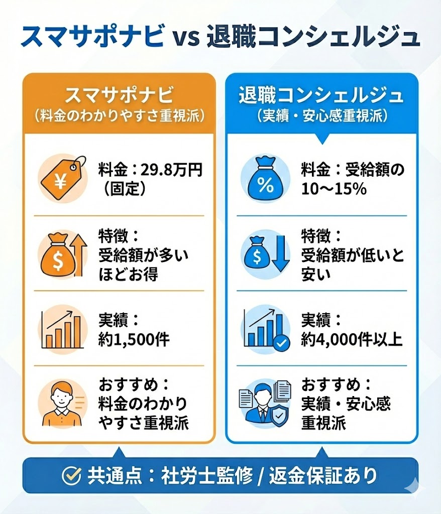 スマサポナビと退職コンシェルジュの比較表。固定料金か成果率か、実績数の違いなどを一覧で比較。