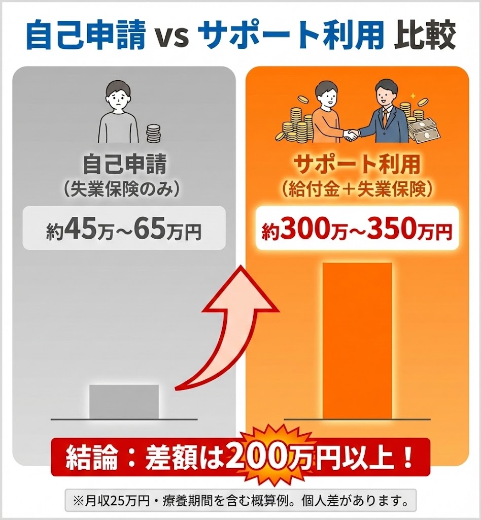 自己申請と社会保険給付金アシスト利用時の受給額比較。サポート利用により受給総額が大幅に増える可能性を図解。