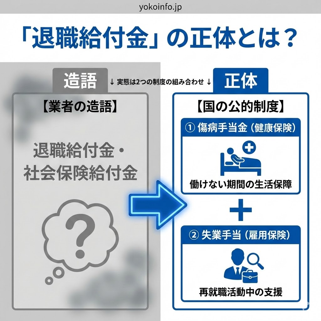 退職給付金という制度は存在せず、実態は「傷病手当金」と「失業手当」の組み合わせであることを図解。